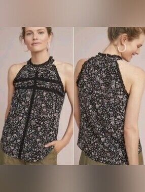 Maeve Anthropologie Floral Lace Trim Sleeveless Blouse Top Size Small Boho
